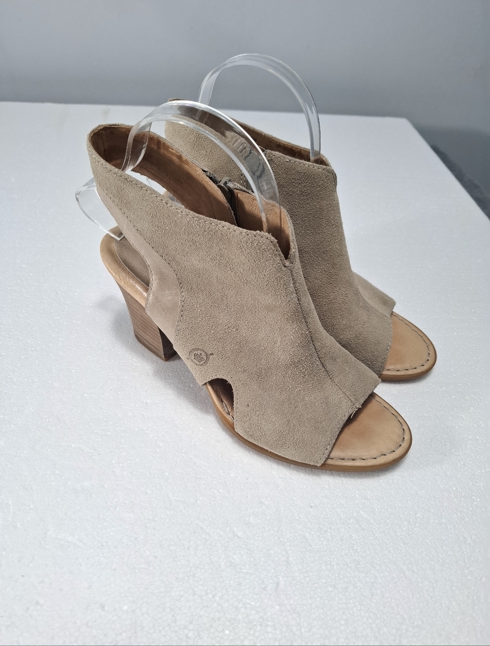 Born Taupe Suede Peep-Toe Slingback Heels Handcrafter Sz 8M